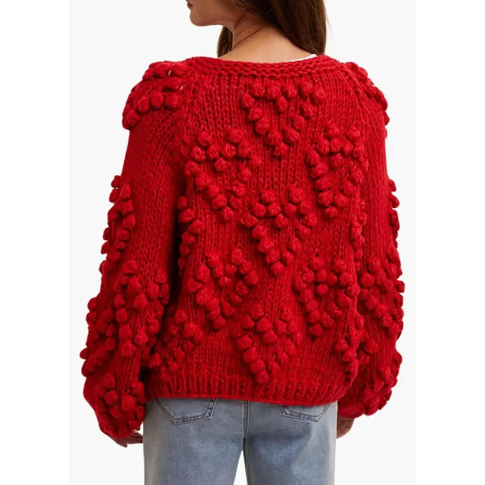 Hand-Knit Cardigan in Red Hearts - Picture 3 of 3